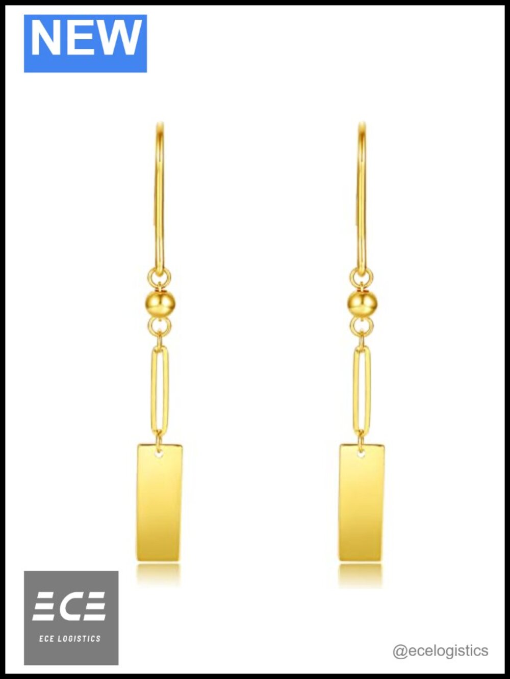 24K Solid Gold Dangle Earrings Lightweight Dainty Rectangle Drop for Women